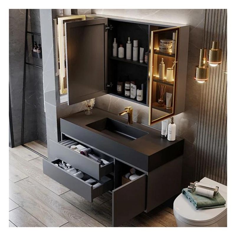 Solid Wood Grey Lacquered Bathroom Vanity with Glass Door Panel and Integral Basin Design