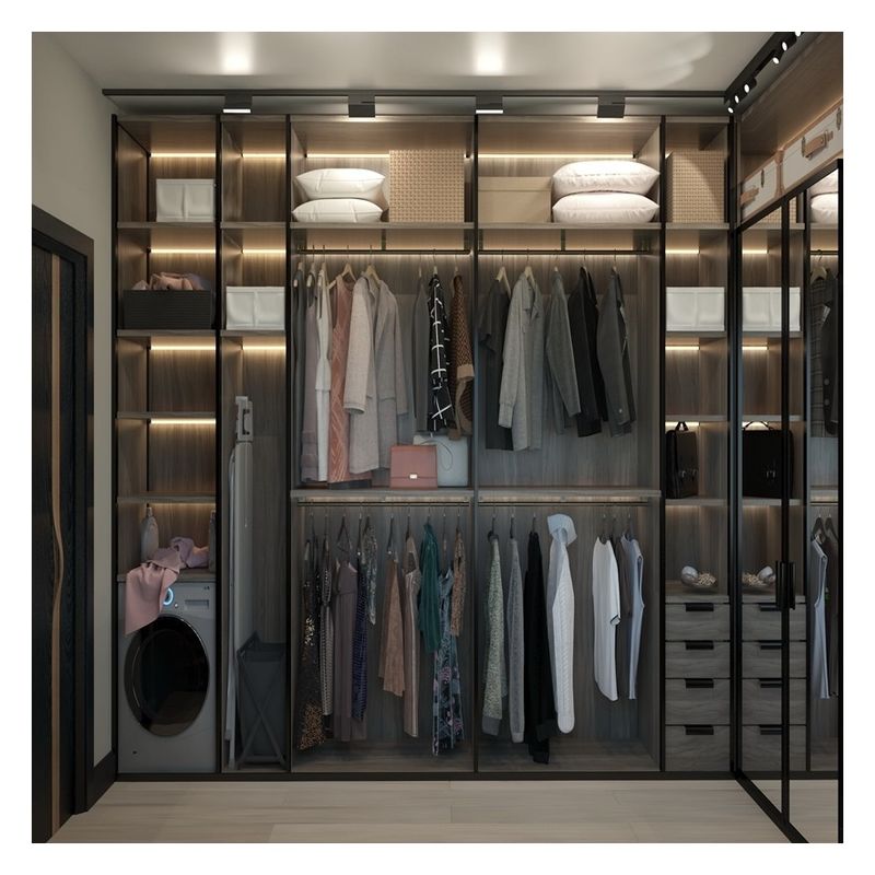 Modern Design Style Wooden Minimalist Wardrobe with Glass Door Panel and Light Strip