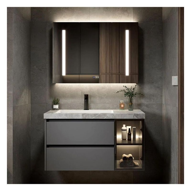 Solid Wood Grey Lacquered Bathroom Vanity with Glass Door Panel and Integral Basin Design