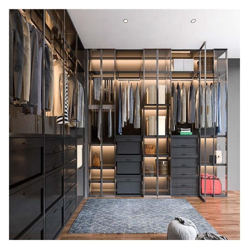 Modern Design Style Wooden Minimalist Wardrobe with Glass Door Panel and Light Strip