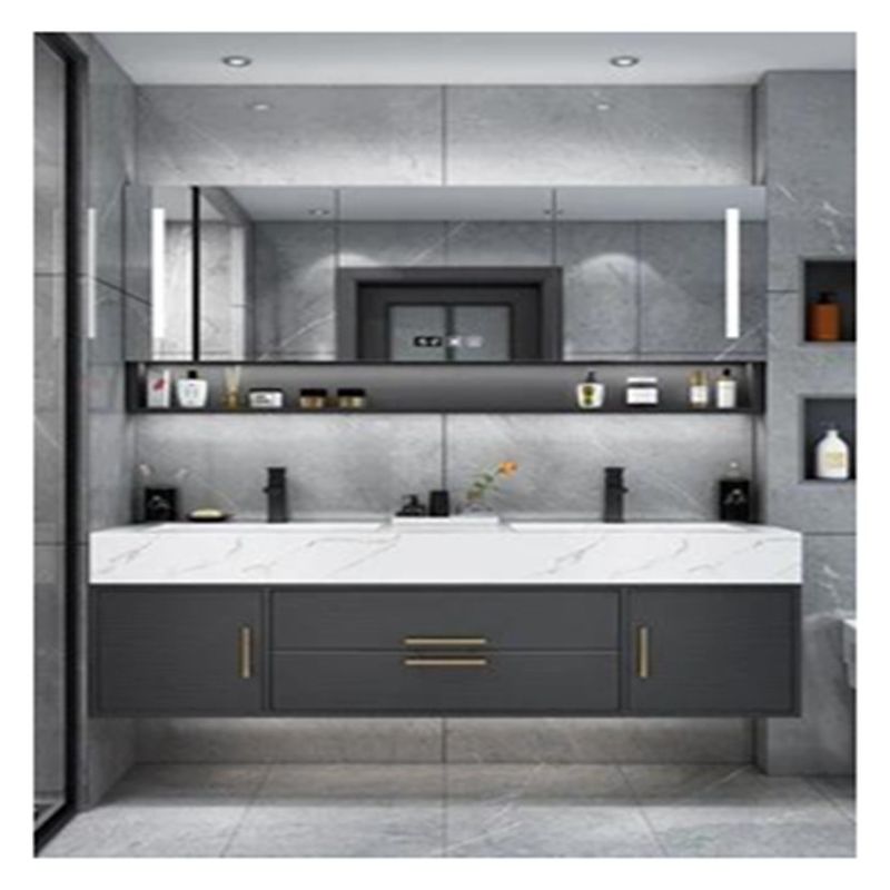 Solid Wood Grey Lacquered Bathroom Vanity with Glass Door Panel and Integral Basin Design