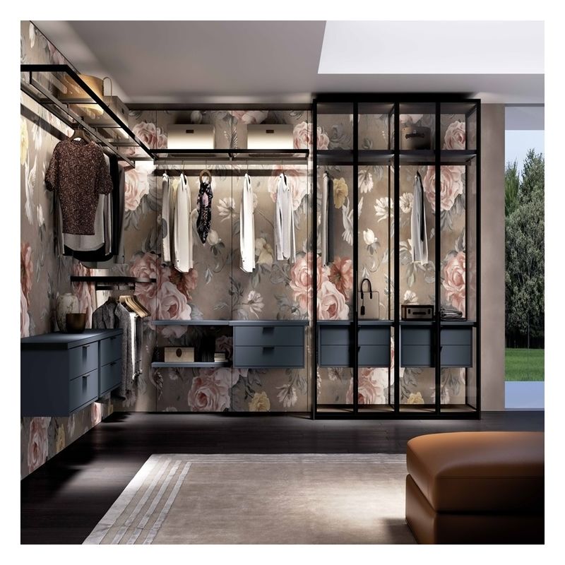 Modern Design Style Wooden Minimalist Wardrobe with Glass Door Panel and Light Strip