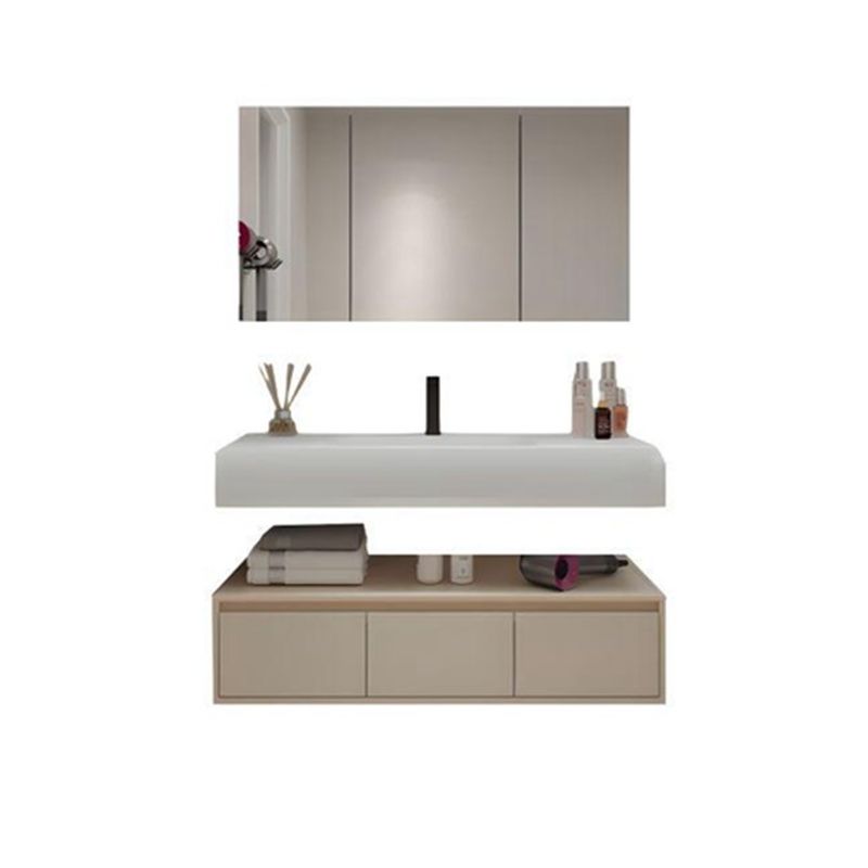 Floating White Lacquered Vanity Combo with Rounded Design Countertop and Solid Wood Doors