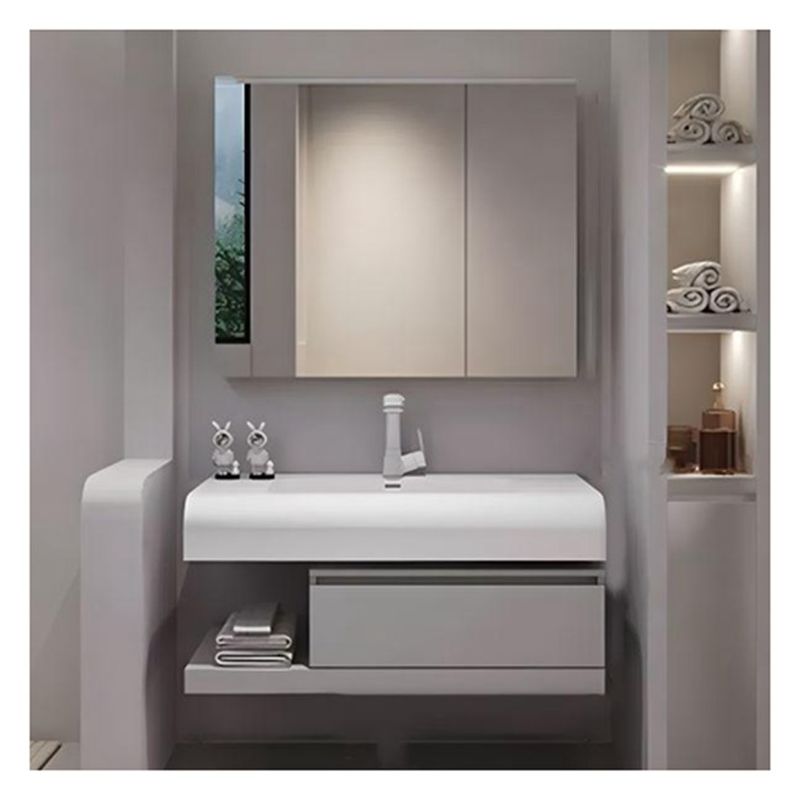 Floating White Lacquered Vanity Combo with Rounded Design Countertop and Solid Wood Doors