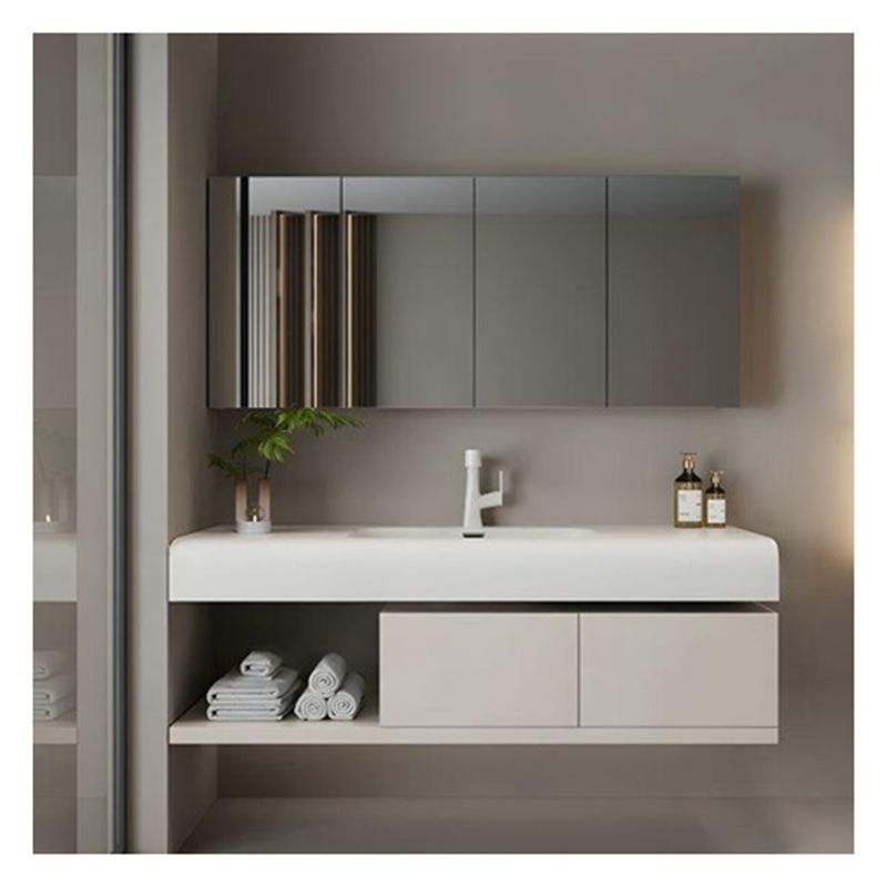 Floating White Lacquered Vanity Combo with Rounded Design Countertop and Solid Wood Doors
