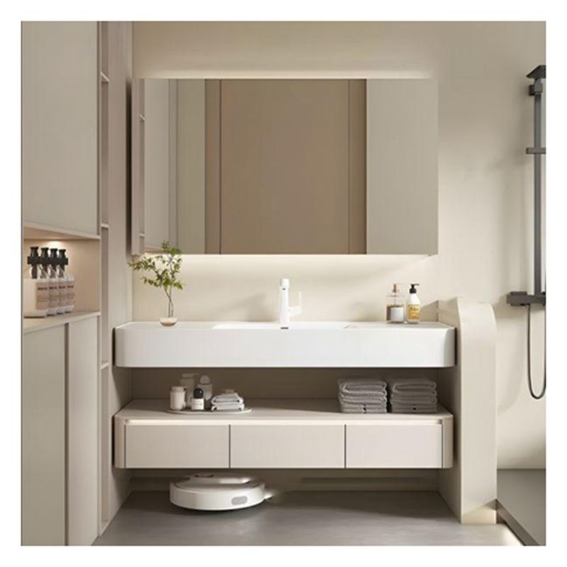Floating White Lacquered Vanity Combo with Rounded Design Countertop and Solid Wood Doors