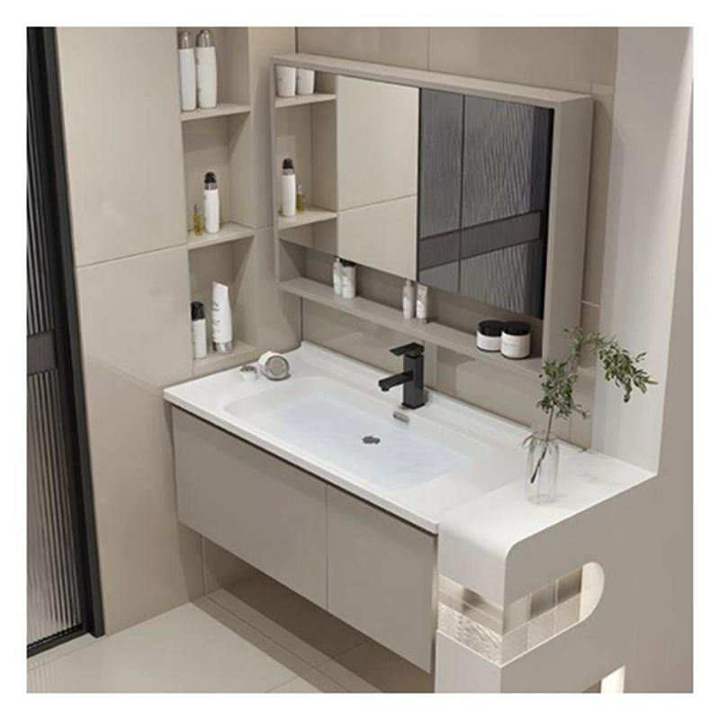 Floating White Lacquered Vanity Combo with Rounded Design Countertop and Solid Wood Doors