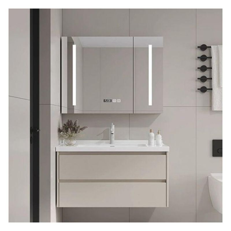 Floating White Lacquered Vanity Combo with Rounded Design Countertop and Solid Wood Doors