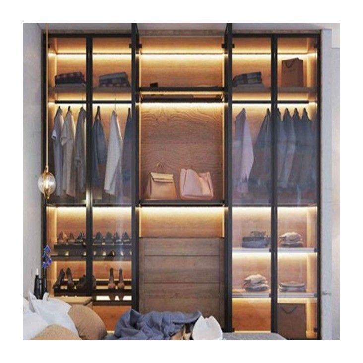 Solid Wood Bedroom Wardrobe with Customised Glass Door Panels and Metal Sliding Doors