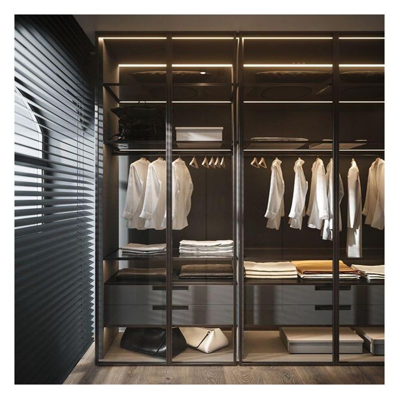Solid Wood Bedroom Wardrobe with Customised Glass Door Panels and Metal Sliding Doors