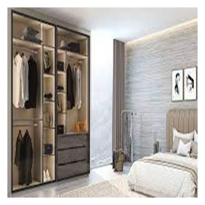 Solid Wood Bedroom Wardrobe with Customised Glass Door Panels and Metal Sliding Doors