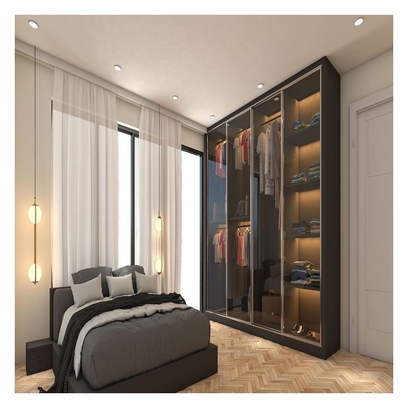 Solid Wood Bedroom Wardrobe with Customised Glass Door Panels and Metal Sliding Doors