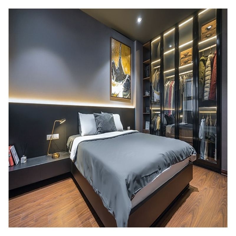 Solid Wood Bedroom Wardrobe with Customised Glass Door Panels and Metal Sliding Doors