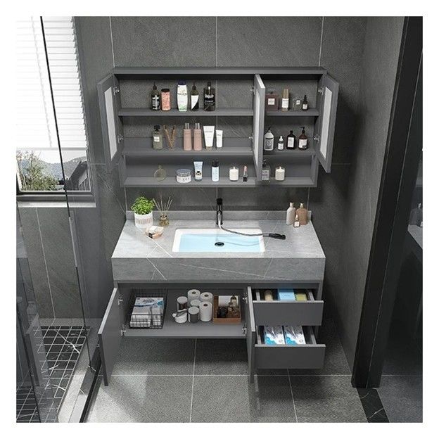 Customized Single Bathroom Vanity with Smart Mirror Minimalist Solid Wood Cabinet
