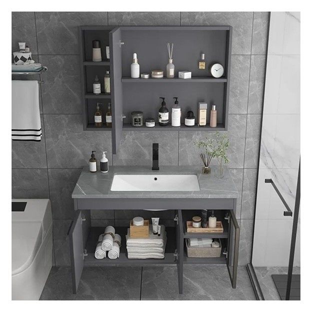 Customized Single Bathroom Vanity with Smart Mirror Minimalist Solid Wood Cabinet