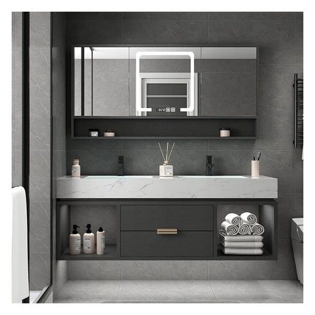 Customized Single Bathroom Vanity with Smart Mirror Minimalist Solid Wood Cabinet