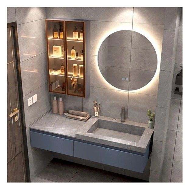 Customized Single Bathroom Vanity with Smart Mirror Minimalist Solid Wood Cabinet