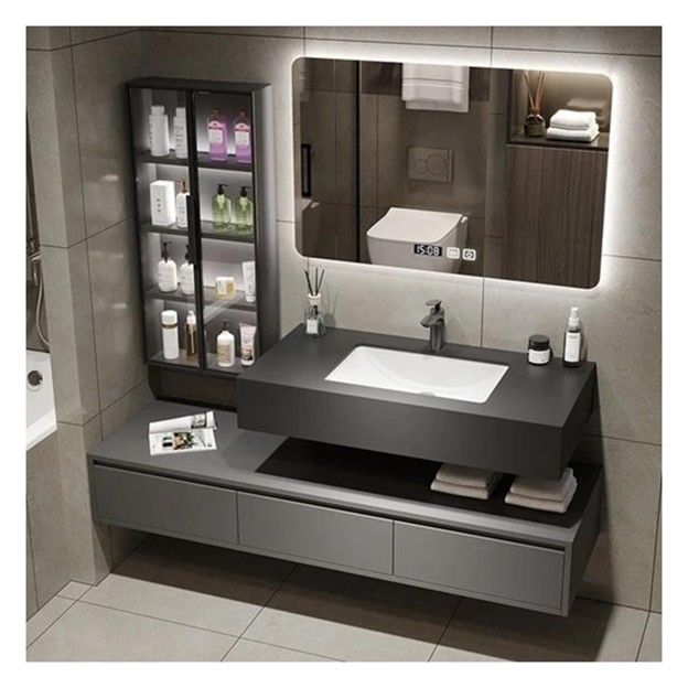 Customized Single Bathroom Vanity with Smart Mirror Minimalist Solid Wood Cabinet