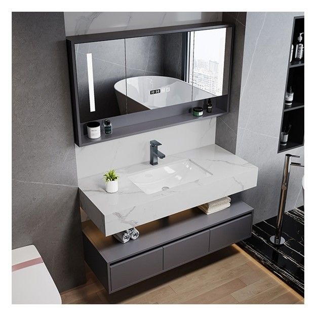Customized Single Bathroom Vanity with Smart Mirror Minimalist Solid Wood Cabinet