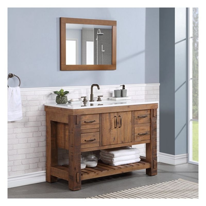 Solid Wood Countertop Bathroom Cabinet with Silver Mirror and Vintage Style Vanity