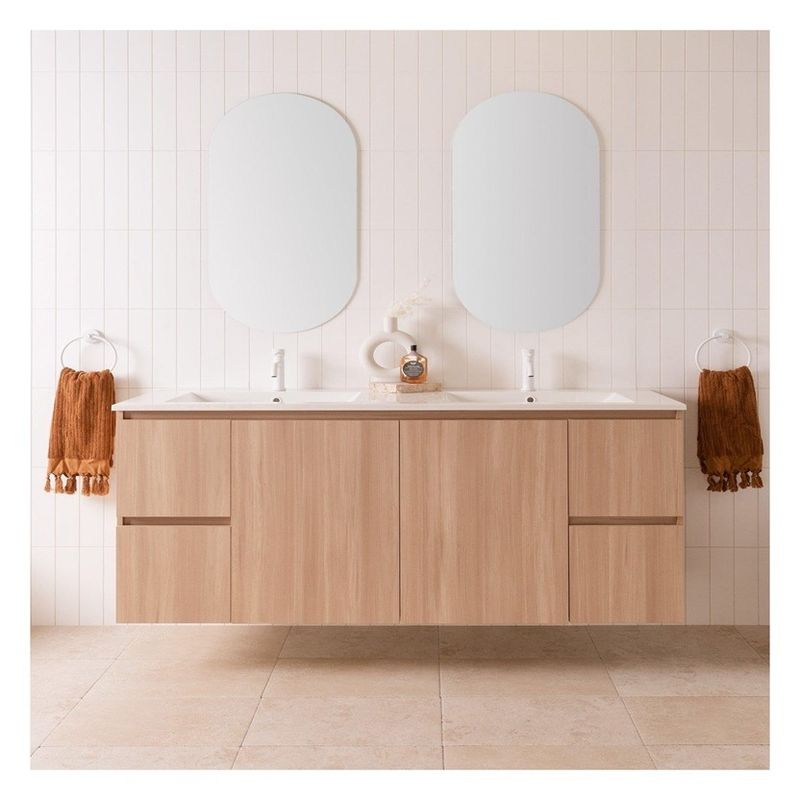 end Hotel Cherry Wood Bathroom Cabinet with Rock Slab Countertop and Double Doors