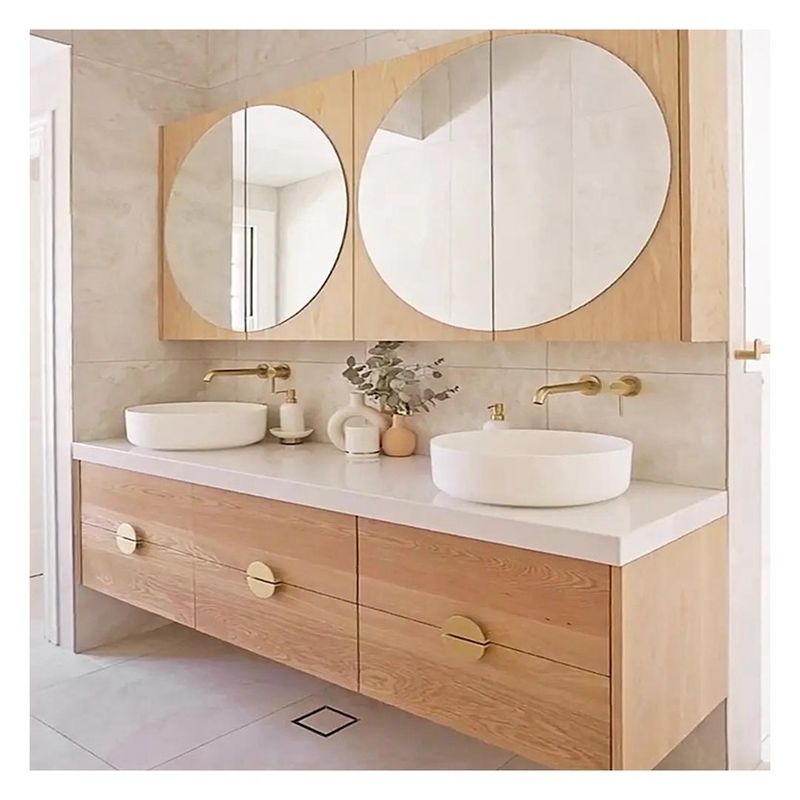 end Hotel Cherry Wood Bathroom Cabinet with Rock Slab Countertop and Double Doors