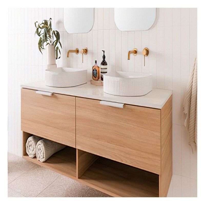 end Hotel Cherry Wood Bathroom Cabinet with Rock Slab Countertop and Double Doors