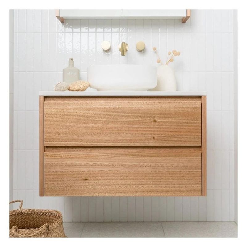 end Hotel Cherry Wood Bathroom Cabinet with Rock Slab Countertop and Double Doors