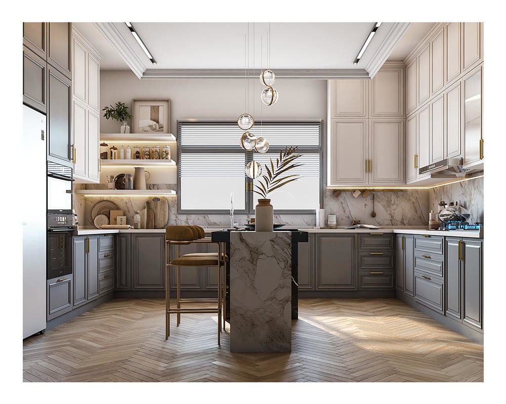 Solid Wood Fitted Carving Kitchen Cabinet Set in American Classic Gray with Flat Edge