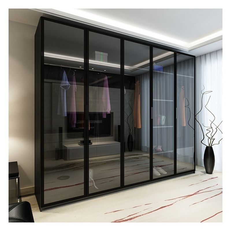 Home Furniture Modern Black Aluminium Framed Glass Panels Solid Wood Wardrobe with Light Bar Decoration
