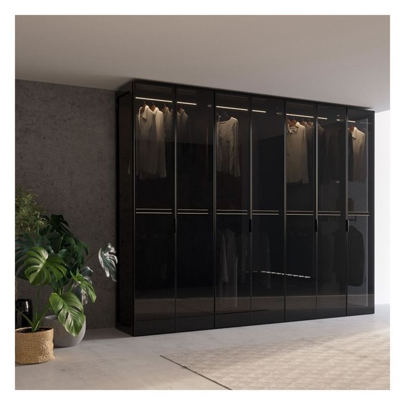 Home Furniture Modern Black Aluminium Framed Glass Panels Solid Wood Wardrobe with Light Bar Decoration