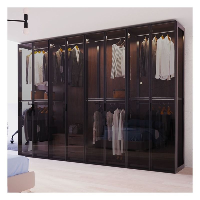 Home Furniture Modern Black Aluminium Framed Glass Panels Solid Wood Wardrobe with Light Bar Decoration