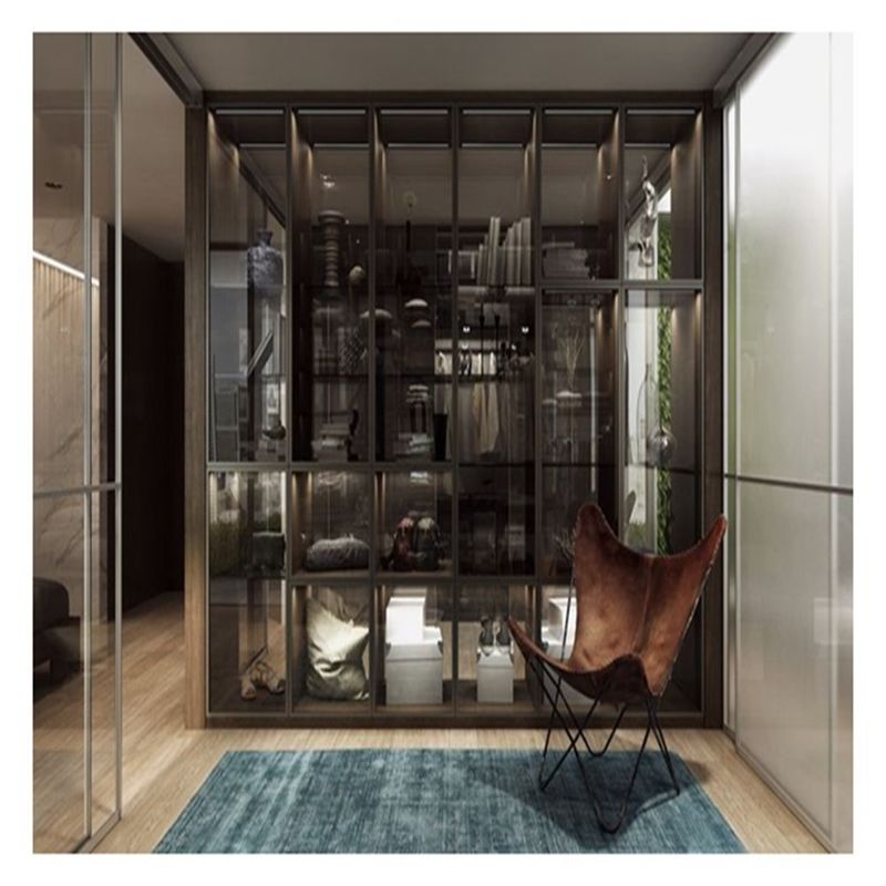 Home Furniture Modern Black Aluminium Framed Glass Panels Solid Wood Wardrobe with Light Bar Decoration