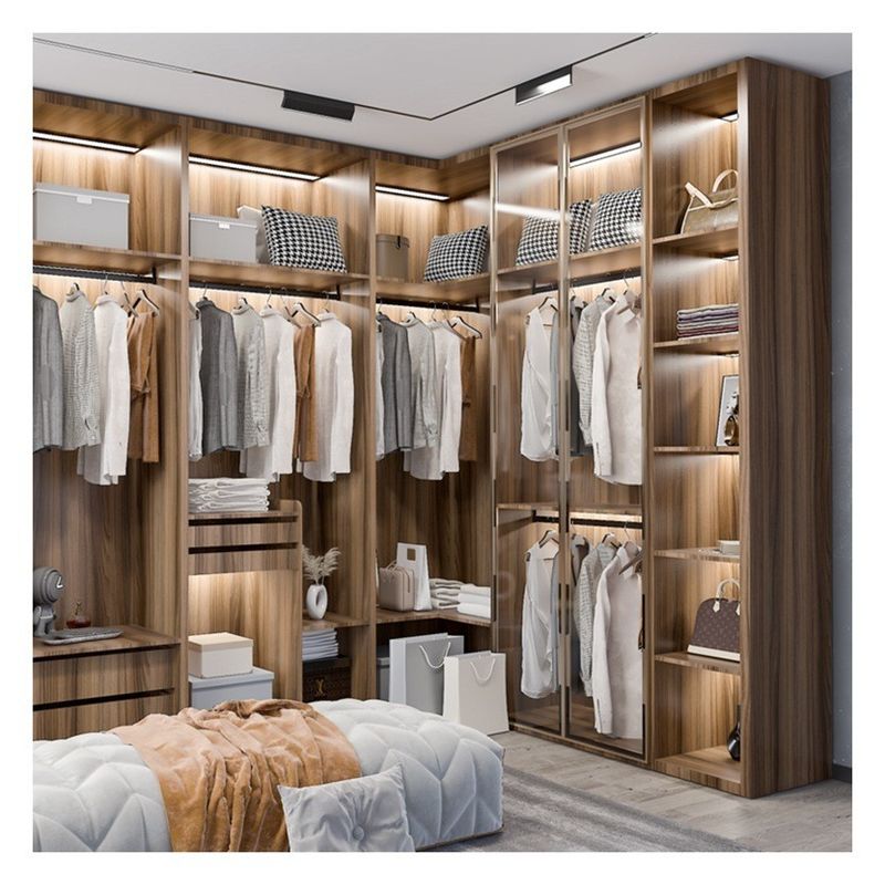 Home Furniture Modern Black Aluminium Framed Glass Panels Solid Wood Wardrobe with Light Bar Decoration