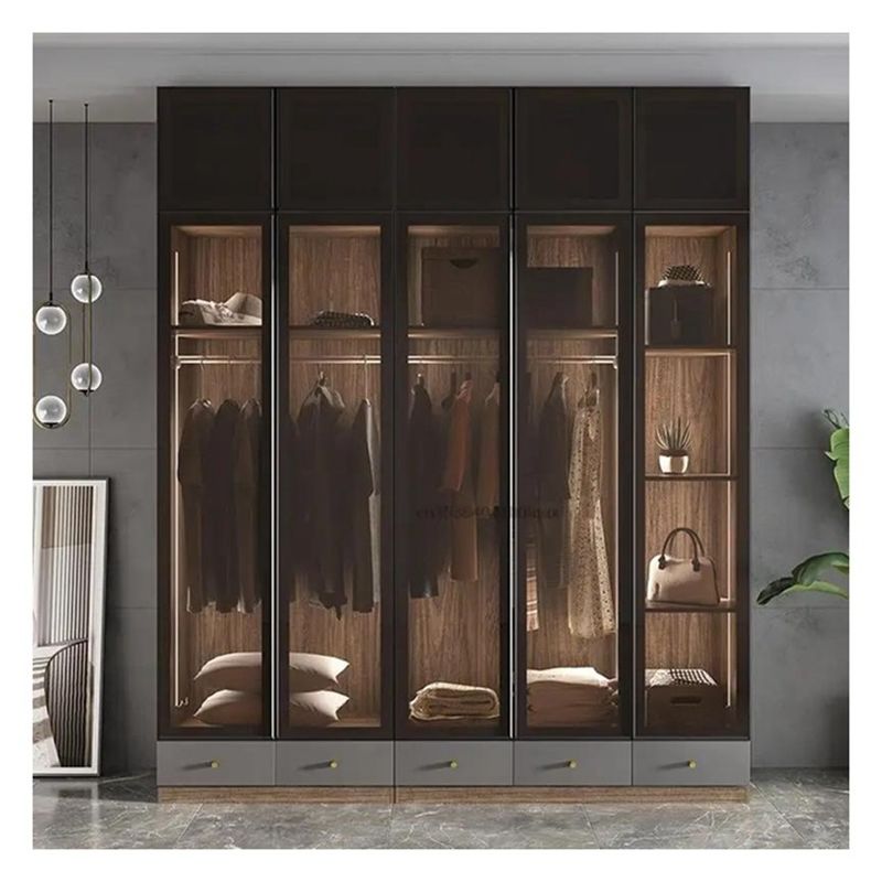 Home Furniture Modern Black Aluminium Framed Glass Panels Solid Wood Wardrobe with Light Bar Decoration