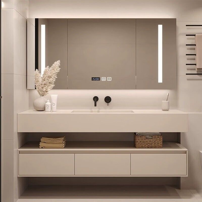 Rectangle LED Mirror Cabinet with Sintered Stone Countertop and Bathroom Storage Space