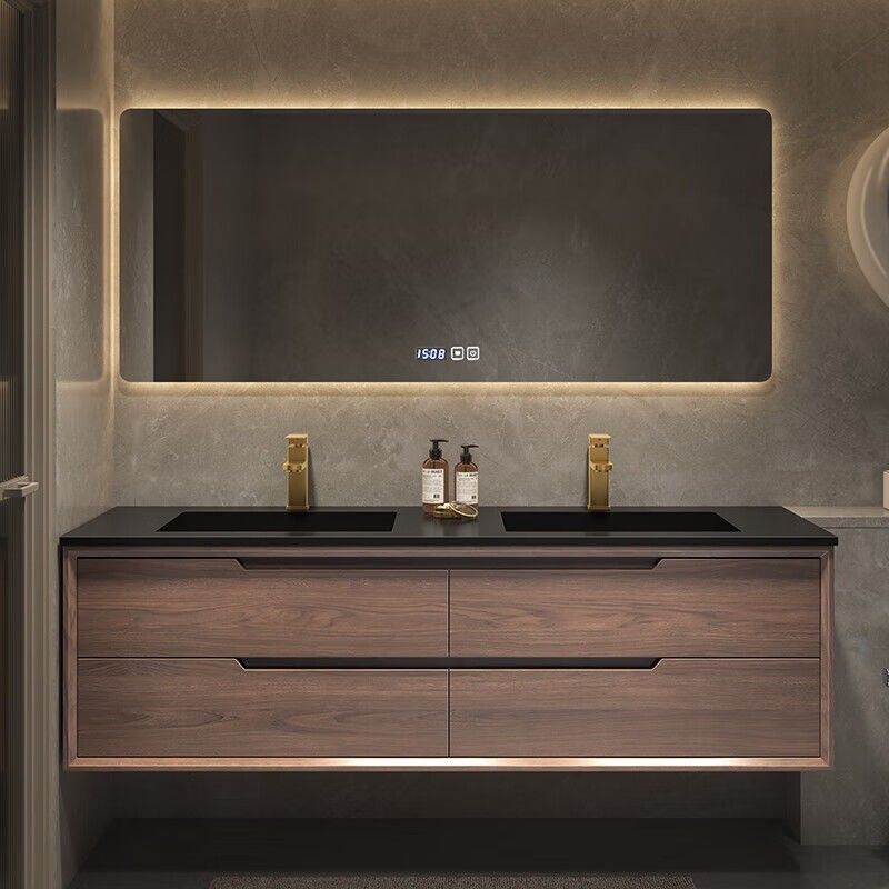 Rectangle LED Mirror Cabinet with Sintered Stone Countertop and Bathroom Storage Space