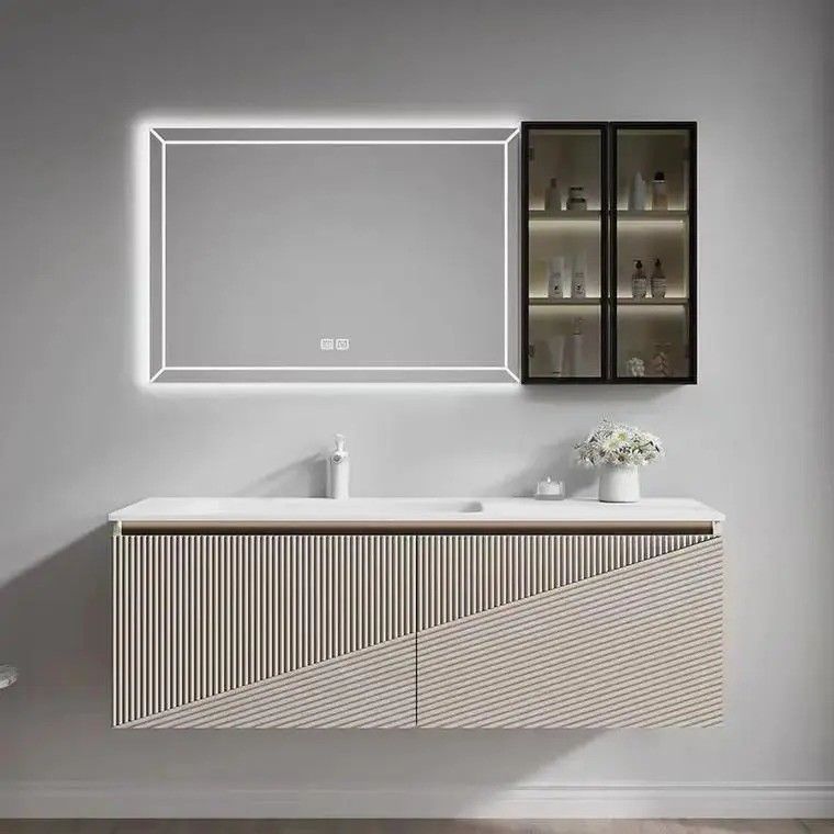 Rectangle LED Mirror Cabinet with Sintered Stone Countertop and Bathroom Storage Space