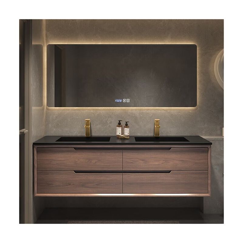 Modern Freestanding White Oak Bathroom Vanity Cabinet with LED Mirror and Double Sink