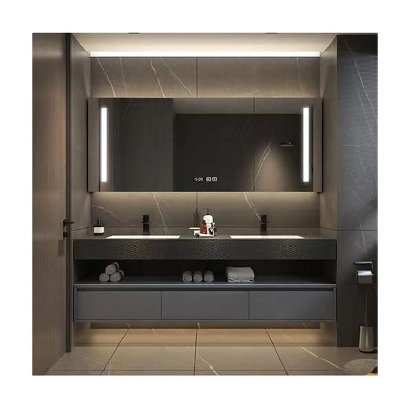 Floating Makeup Mirror Metal Frame Vanity Bathroom Cabinet Set with Handle-Free Design