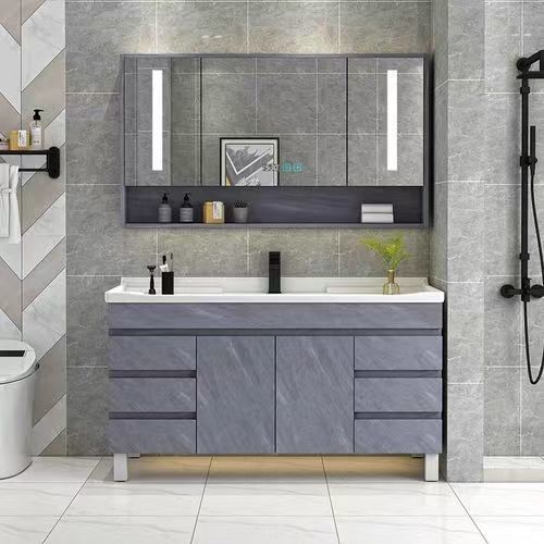 Floating Makeup Mirror Metal Frame Vanity Bathroom Cabinet Set with Handle-Free Design