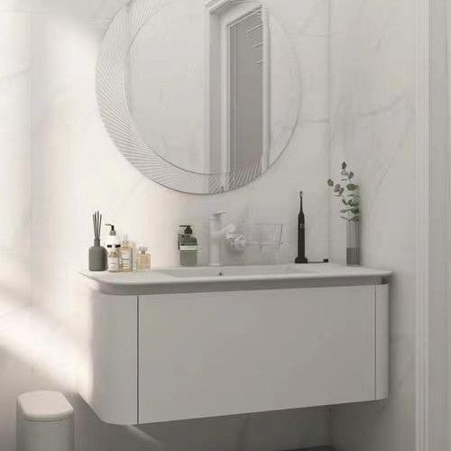 Modern White Bathroom Vanity Combo with Mirror and Sink 38-46 Inch Cultured Marble