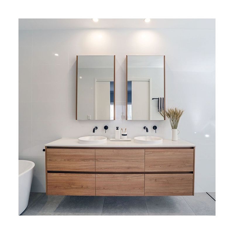 Hotel Bathroom Wall Mounted Double Sink Vanity Cabinet with Mirror and Wash Basin