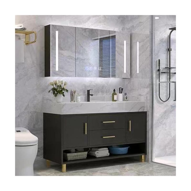 Apartment Bathroom Cabinet Set Nordic Modern Black Wooden Mirrored Wall Mounted Furniture