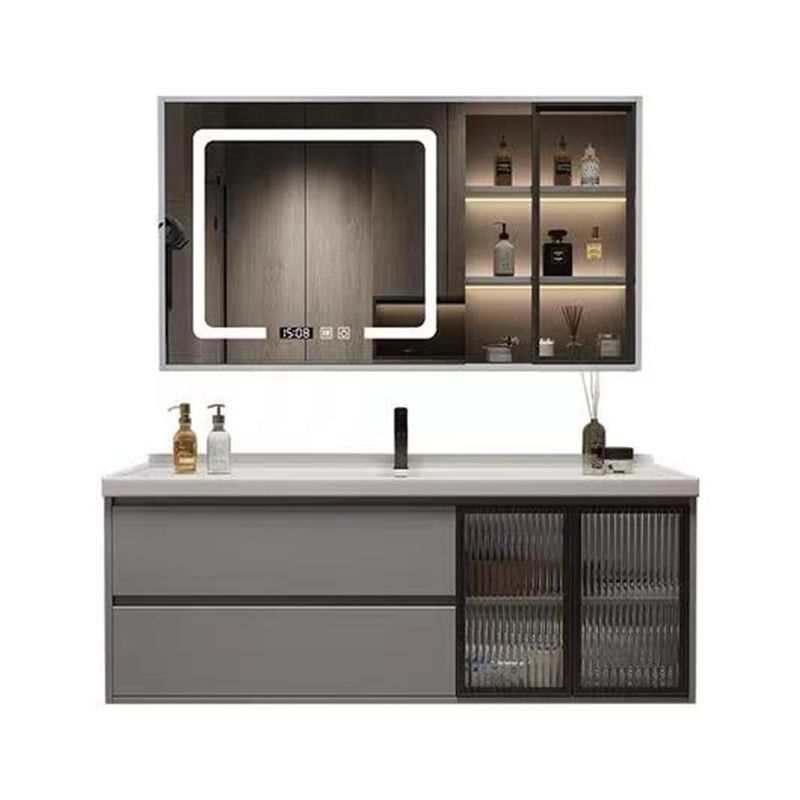Apartment Bathroom Cabinet Set Nordic Modern Black Wooden Mirrored Wall Mounted Furniture