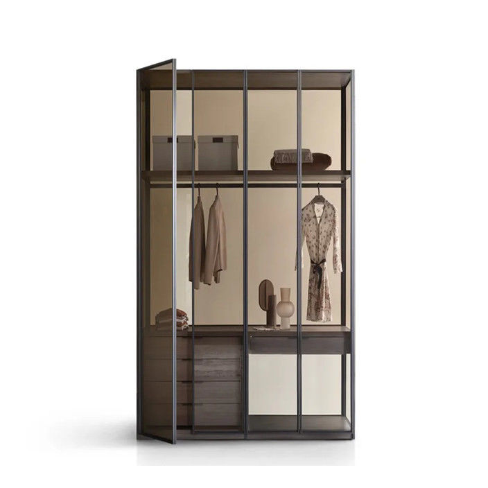 OEM ODM Acceptable Solid Wood Wardrobe with Metallic Colors Aluminum Framed Glass Doors
