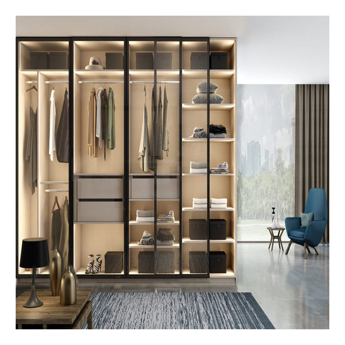OEM ODM Acceptable Solid Wood Wardrobe with Metallic Colors Aluminum Framed Glass Doors