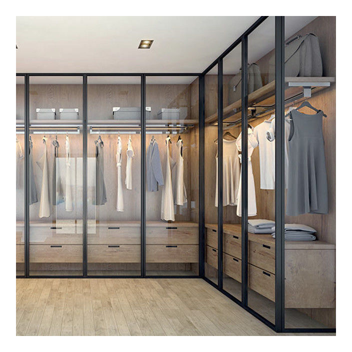 OEM ODM Acceptable Solid Wood Wardrobe with Metallic Colors Aluminum Framed Glass Doors
