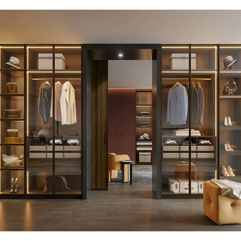 OEM ODM Acceptable Solid Wood Wardrobe with Metallic Colors Aluminum Framed Glass Doors