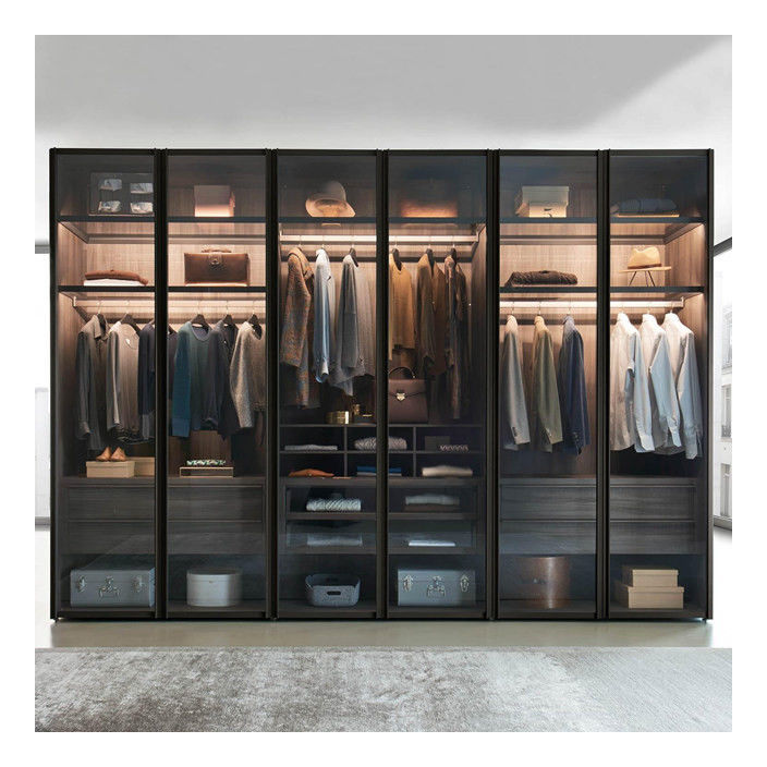 OEM ODM Acceptable Solid Wood Wardrobe with Metallic Colors Aluminum Framed Glass Doors